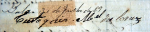 Assinatura em recibo emitido à Irmandade do Santíssimo Sacramento e Santana em 31 de julho de 1889 (FREIRE, 2006, p. 481).